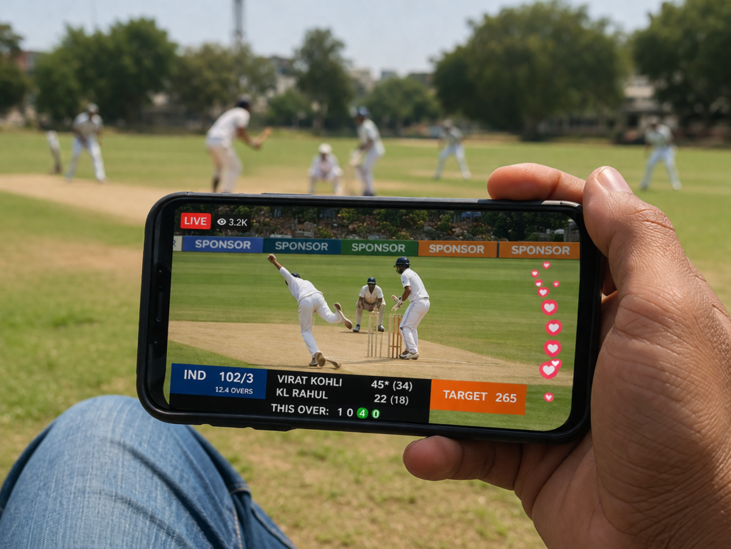 real-time score sync in sports streaming shown on mobile phone during live cricket match