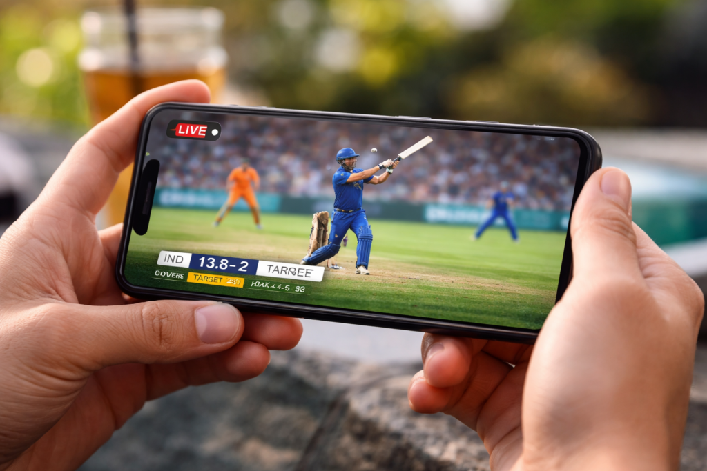 AI video analytics in sports showing live cricket streaming with real-time score overlay on mobile phone
